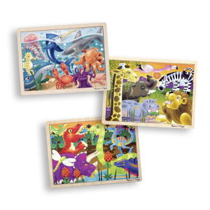 Melissa & Doug 3-Puzzle Jigsaw Set - Dinosaurs, Ocean, and Safari - Toddler Jigsaw Puzzles, Sea creatures Wooden Puzzles, Dinosaur Puzzles, Animal Puzzles For Kids Ages 3+