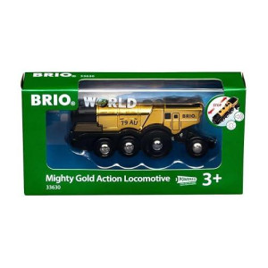 Brio World 33630 Mighty Golden Action Locomotive | Battery Operated Toy Train With Light And Sound Effects For Kids Age 3 And Up