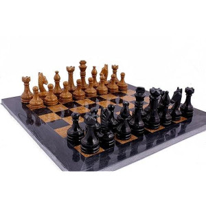 Radicaln Marble Chess Set 15 Inches Black And Golden Handmade Chess Game - 1 Chess Board & 32 Chess Pieces - 2 Player Board Game Chess Sets For Adults - Chess Game Set