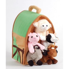 Plush Farm House With Animals- Five (5) Stuffed Farm Animals (Horse, Lamb, Cow, Pig, Grey Horse) In Play Farm House