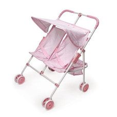 Badger Basket Toy Doll Folding Double Umbrella Stroller With Canopy For 18 Inch Dolls - Pink/Gingham
