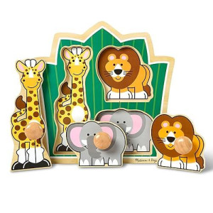Melissa & Doug Jungle Friends Safari Animals Jumbo Knob Wooden Puzzle - Wooden Peg Chunky Baby Puzzle, Preschool Learning Puzzle, Wooden Puzzle Board For Toddlers Ages 1+