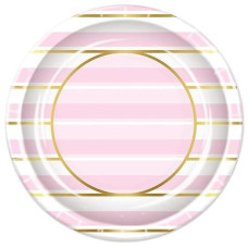 Pink And White Stripe Baby Shower Round Plates, 9" - 8 Pcs.