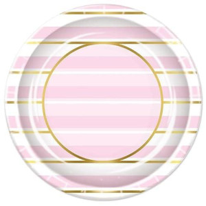Pink And White Stripe Baby Shower Round Plates, 9 - 8 Pcs.