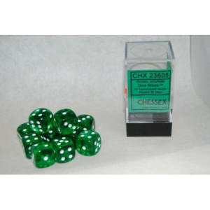 Chessex Dice D6 Sets: Green With White Translucent - 16Mm Six Sided Die (12) Block Of Dice