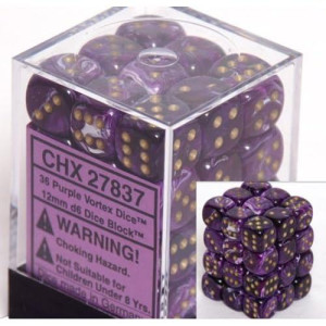 Chessex Dice D6 Sets: Vortex Purple With Gold - 12Mm Six Sided Die (36) Block Of Dice