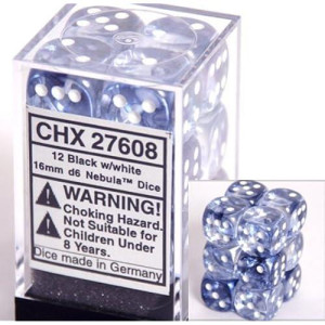 Chessex Dice D6 Sets: Nebula Black With White - 16Mm Six Sided Die (12) Block Of Dice