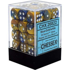 Chessex Gemini 12Mm D6 Blue-Gold W/White Dice Block 36 Dice