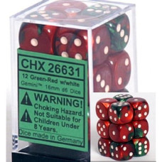 Chessex Dice D6 Sets: Gemini Green & Red With White - 16Mm Six Sided Die (12) Block Of Dice