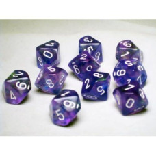 chessex Dice Sets: Borealis Purple with White - Ten Sided Die d10 Set (10)