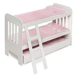 Badger Basket Toy Doll Bunk Bed With Trundle, Ladder, And Personalization Kit For 22 Inch Dolls - White/Pink