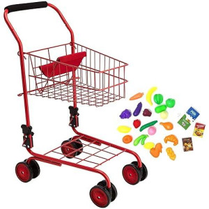 The New York Doll Collection Toy Shopping Cart for Kids and Toddler - Includes Food - Folds for Easy Storage - With Sturdy Metal Frame