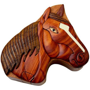 Horse - All Natural Wood Intarsia Puzzle Box - Handcrafted With Secret Compartment