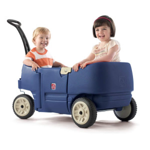 Step2 Wagon For Two Plus For Kids, Large Folding Wagon, Safety Belts, Under Seat Storage, Toddlers Ages 1.5 - 5 Years Old, Denim Blue