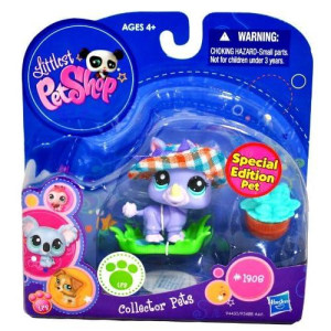 Hasbro Year 2010 Littlest Pet Shop collector Pets Special Edition Pet Series Bobble Head Pet Figure Set 1908 - Periwinkle Purple Baby Rhino with Hat, grass Pad and Pot with Plants