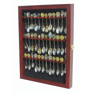 36 Souvenir Tea Spoon Display Case Rack Wall Mountable Cabinet Solid Wood Frame With Glass Door Lockable Cherry Finish