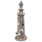 Cota Global Brown Wooden Lighthouse Decor - Handcrafted Nautical Lighthouse Table Top Centerpiece With Pelican, Fishing Net, Seashells And Anchor Decor, Lighthouse Outdoor Decor - 14.25 Inches