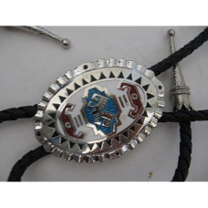 American Native Abstract Pattern Bolo Tie W. Braided Leather Lanyard