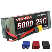 Venom Drive Series 25C 2S - 5000Mah 7.4V Lipo Rc Hardcase Battery - Universal 2.0 Plug, Lithium Polymer 2 Cell - Soft Silicone Connector & Compatible W/Traxxas, Deans, Ec3, 2Wd, 4Wd, Truck & Buggies