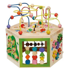 Everearth Garden Activity Cube, Wood Shape & Color Sorter, Bead Maze & Counting Baby Toy Wooden Activity Cube