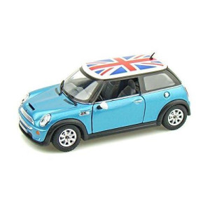 Kinsmart Mini Cooper S 5" 1:28 Scale Die Cast Metal Model Toy Car British Flag Blue W/Pullback Action