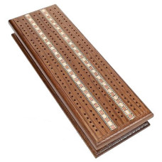 We Games Cabinet Cribbage Set - Solid Oak Medium Stained Wood With Inlay Sprint 3 Track Board With Metal Pegs & 2 Decks Of Cards