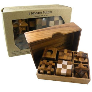 6 Wooden Puzzle Gift Set In A Wood Box - 3D Unique Iq Puzzles