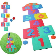 Hopscotch Playmat Foam Interlocking Puzzle Floor Mat - 10 Large Number Tiles (12" By 12" Square Blocks)