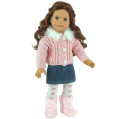Sophia'S 18" Doll 4 Pc. Feather Trim Pink Chenille Sweater, Denim Skirt, White Tights With Pink Hearts, And Faux Fur Pink Zipped Boots