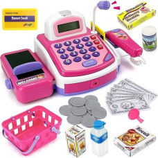 Pretend Play Pink Cash Register Toy - Learn & Play Shopping Kids Toys With Electronic Mic, Scanner, Calculator, Play Food, Fake Money And Basket
