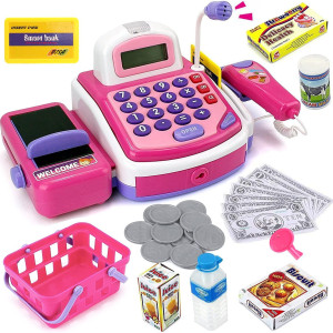 Pretend Play Pink Cash Register Toy - Learn & Play Shopping Kids Toys With Electronic Mic, Scanner, Calculator, Play Food, Fake Money And Basket