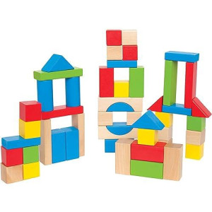 Maple Wood Kids Building Blocks By Hape Stacking Wooden Block Educational Toy Set For Toddlers, 50 Brightly Colored Pieces In Assorted Shapes And Sizes