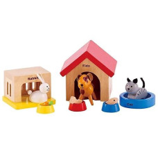 Family Pets Wooden Dollhouse Animal Set By Hape | Complete Your Wooden Dolls House With Happy Dog, Cat, Bunny Pet Set With Complimentary Houses And Food Bowls