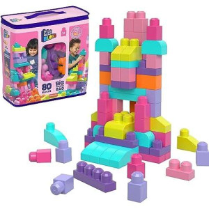 Mega Bloks First Builders Toddler Blocks Toys Set, Big Building Bag With 80 Pieces And Storage, Pink, Ages 1+ Years