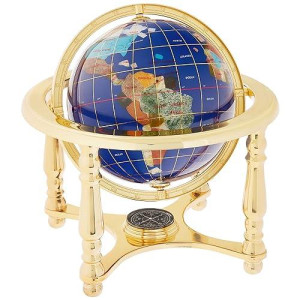 Unique Art 10-Inch Tall Table Top Blue Lapis Ocean Gemstone World Globe With 4 Leg Gold Stand