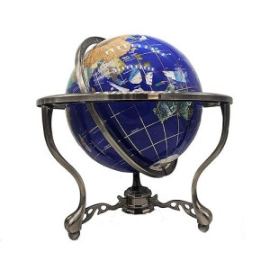 Unique Art 21-Inch Tall Blue Lapis Ocean Table Top Gemstone World Globe With Silver Tripod And Separated State Stones