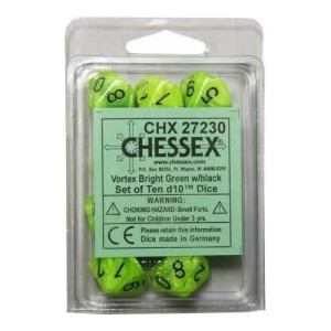 Chessex Dice Sets: Vortex Bright Green With Black - Ten Sided Die D10 Set (10)