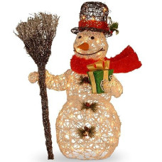 National Tree 27 Inch White Ratton Snowman Holding Gift And Broom With 50 Clear Outdoor Lights (Mzwr-27Lo)