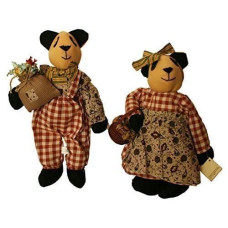 Rag Doll Panda Couple 12 Inches Girl With Calico Dress And Red Plaid Shirt Holding Basket, Boy With Red Plaid Pant Holding Flower Bag