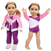 Gymnastics Doll Outfit For 18" Dolls (4 Piece Set) -Sports Premium Costume Handmade Clothes And Accessories Include Leotard, Warm-Up Pants & Jacket, Sneakers-Sports Apparel For Doll, Gift For Girls