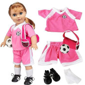 Dress Along Dolly Soccer Uniform 6 Pc Premium Handmade Outfit for American Girl, Kindred Hearts, Adora, Our Generation and All 18 inch Dolls - Clothes Accessories Set