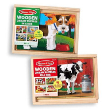 Melissa & Doug Animals 4-In-1 Wooden Jigsaw Puzzles Set - Pets And Farm - Toddler Wooden Jigsaw Puzzles, Animal Puzzles, Take-Along Puzzles For Toddlers And Kids Ages 3+, 12