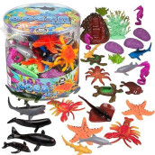 Ocean Sea Creature Action Figures - 30 Pieces, 18 Unique Sculpts- Giant Ocean Animal Playset Includes Turtles, Lobsters, Sharks & More - Great Sandbox Toy, Beach Toy, Tub Toy, & Party Decoration