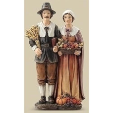 Harvest Brown Pilgrim Couple 14 Inch Resin Stone Decorative Tabletop Figurine