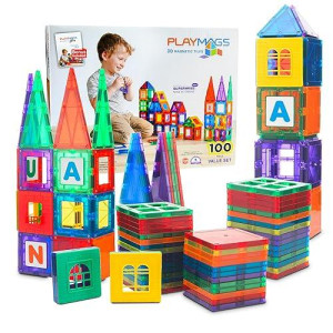 Playmags 100-Piece Magnetic Tiles Building Blocks Set, 3D Magnet Tiles For Kids Boys Girls, Educational Stem Toys For Toddlers