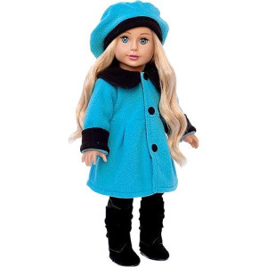 - Parisian Stroll - 4 Piece Outfit - Blue Fleece Coat With Matching Beret, Black Leggings And Boots - Clothes Fits 18 Inch Doll (Doll Not Included)