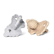 Razbaby Soft Silicone Infant & Baby Teether, Berrybumps Textured Teething Relief Pacifier 3M+, Soothes Gums, Hands-Free & Easy-To-Hold Fruit-Shaped Razberry Design, Bpa Free, 2-Pack - Tan/Grey