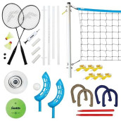 Franklin Sports Yard Games Combo Set - Volleyball/Badminton Net, 2 Player Badminton Set, Volleyball, Horsehoes Set, Flying Disc, Flip Toss