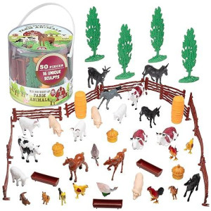 SCS Direct Farm Animal Toy Action Figure Set - 50 Pieces with 16 Different Barnyard Animals and Accessories - Includes Cows, Horses, Chickens, Pigs, Sheep & More - Great for School Projects & Dioramas
