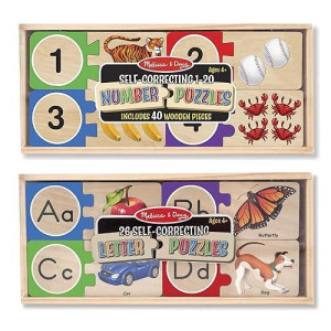Melissa & Doug Self-Correcting Letter And Number Wooden Puzzles Set With Storage Box